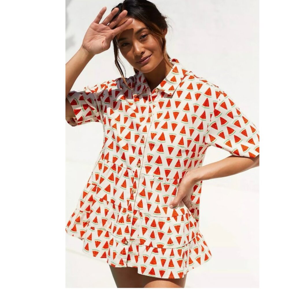 Porridge Anthropologie NEW Watermelon Print Ruffle Hem Tunic Top Women's size S